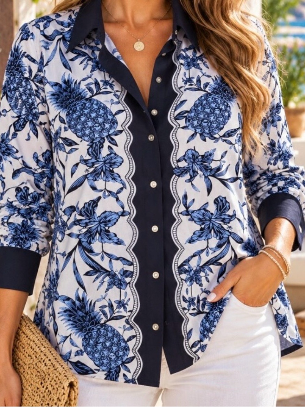 NWT Free Assembly Blue Floral Pineapple Button-Front Women’s Shirt - Unbranded